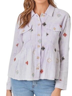 215. Lavender Floral Button-Front Peplum Shirt